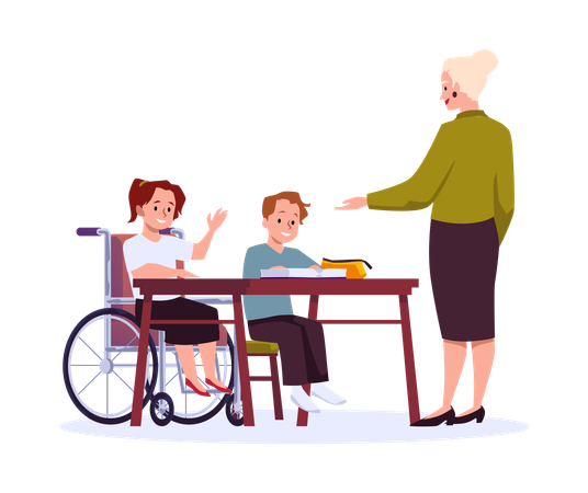 Cute disability girl pupil in  wheelchair answers the teacher  Illustration