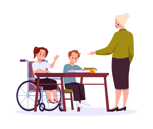Cute disability girl pupil in  wheelchair answers the teacher  Illustration