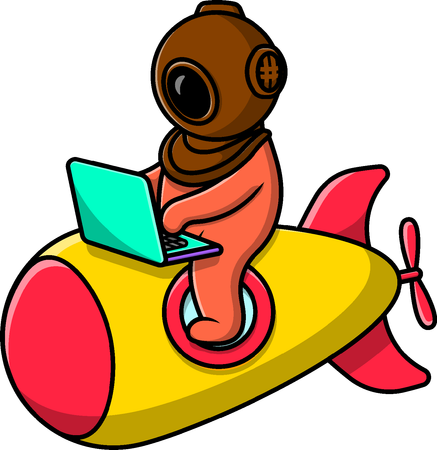 Cute Diver Working With Laptop On Submarine  Illustration