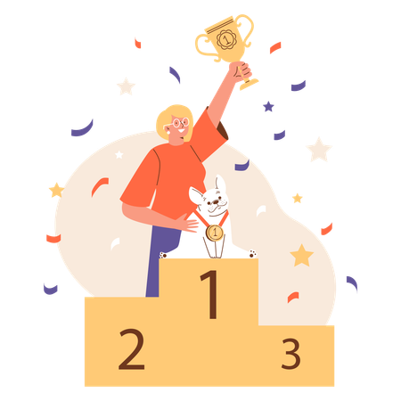 Cute dog won first place at dog show woman holds golden trophy  Illustration