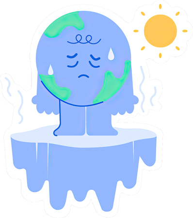 溶けた氷の上に立つかわいい地球  イラスト