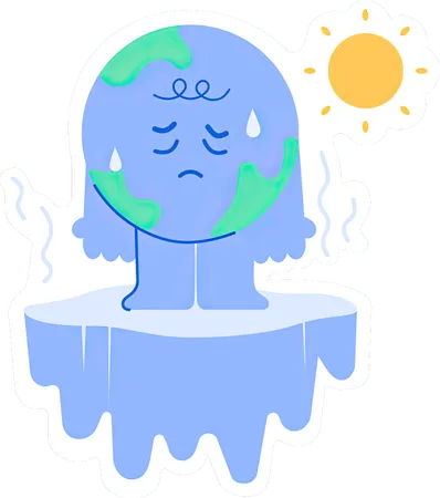 溶けた氷の上に立つかわいい地球  イラスト