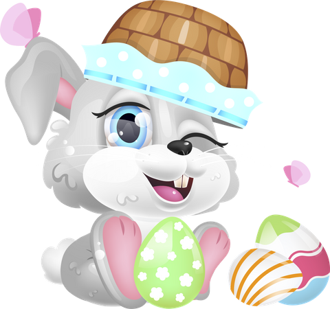 Cute Easter rabbit with basket on head  Illustration