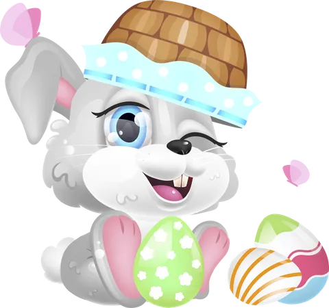 Cute Easter rabbit with basket on head  Illustration