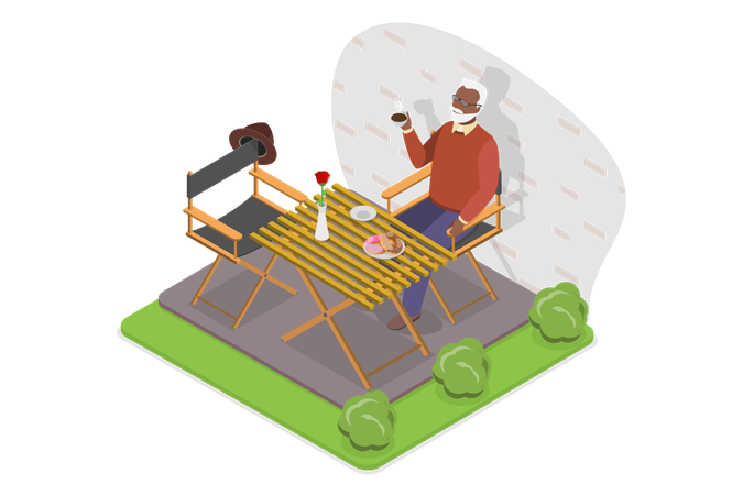 Cute Elderly Man Relaxing In Coffee House  Illustration