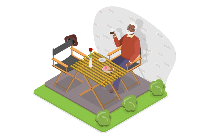 3 D Isometric Flat Vector Illustration Of Cute Elderly Man Relaxing In Coffee House Happy Life Of Older People Illustration