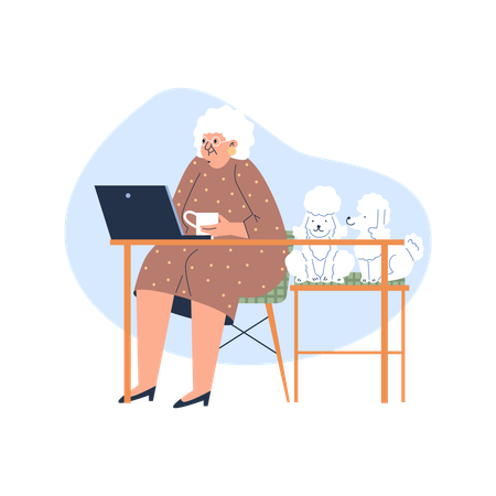 Cute elderly woman in pet friendly coffee shop  Illustration
