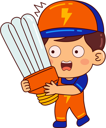 Cute electrician boy holding led bulb  イラスト