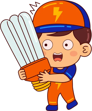 Cute electrician boy holding led bulb  イラスト