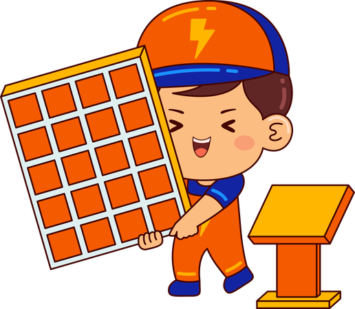 Cute electrician boy holding solar panel  Illustration