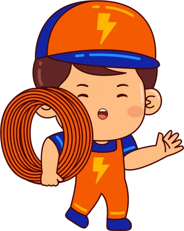 Cute electrician boy holding wire budle  Illustration