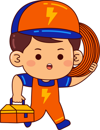 Cute electrician boy holding wire bundle and toolbox  イラスト