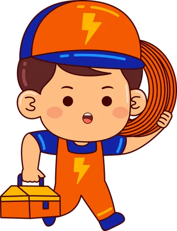 Cute electrician boy holding wire bundle and toolbox  Illustration