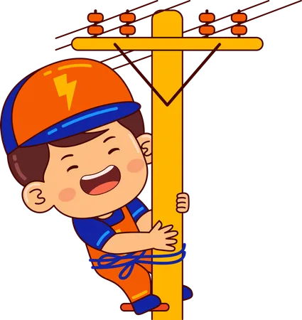 Cute electrician boy on electric pole  Illustration