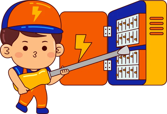 Cute electrician boy repairing Fuse Box  イラスト