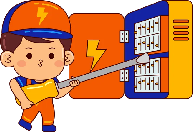 Cute electrician boy repairing Fuse Box  Illustration