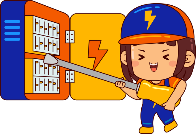 Cute electrician girl checking fuse box  イラスト
