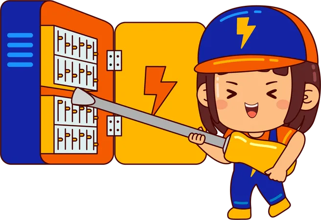 Cute electrician girl checking fuse box  イラスト