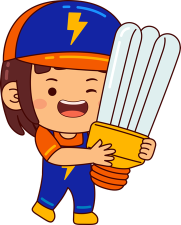 Cute electrician girl holding led bulb  イラスト