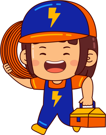 Cute electrician girl holding tool box and wire bundle  Illustration