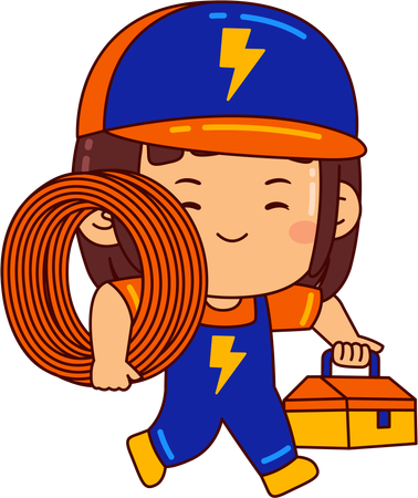 Cute electrician girl holding tool box and wire bundle  Illustration