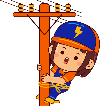 Cute electrician girl on electric pole  Illustration