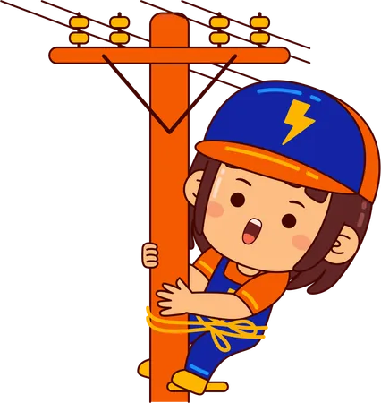 Cute electrician girl on electric pole  Illustration
