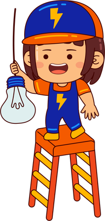 Cute electrician girl repairing bulb  イラスト