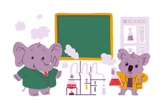 Cute elephant and koala scientist with tubes of chemicals and making laboratory experiment  Illustration
