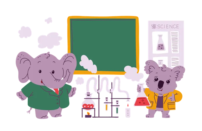 Cute elephant and koala scientist with tubes of chemicals and making laboratory experiment  Illustration