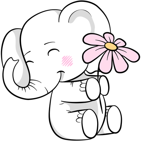 꽃을 들고 있는 귀여운 코끼리  일러스트레이션
