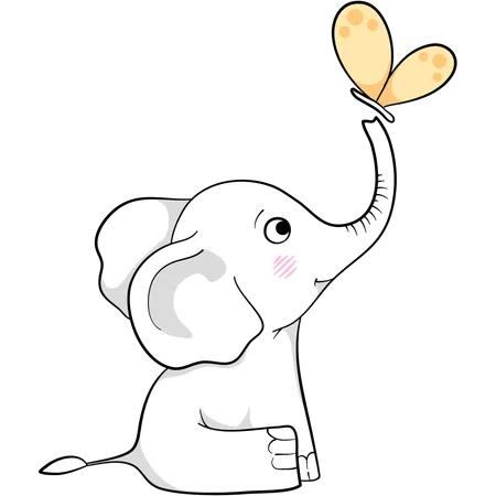 Cute elephant playing with butterfly  Illustration