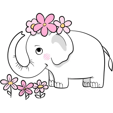 꽃을 들고 있는 귀여운 코끼리  일러스트레이션