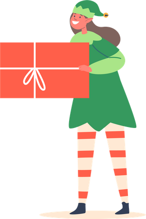 Cute Elf Girl With Gift Box  Illustration