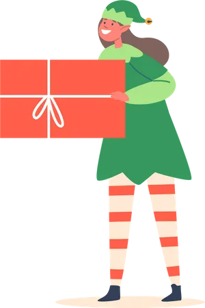 Cute Elf Girl With Gift Box Wear Green Dress And Striped Stockings Isolated Playful Christmas Santa Claus Helper With Present For Kids On Happy New Year And Merry Xmas Cartoon Vector Illustration Illustration