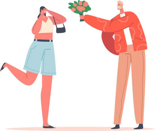 Cute Embarrassed Girl Receive Bouquet of Beautiful Flowers from Boyfriend Illustration