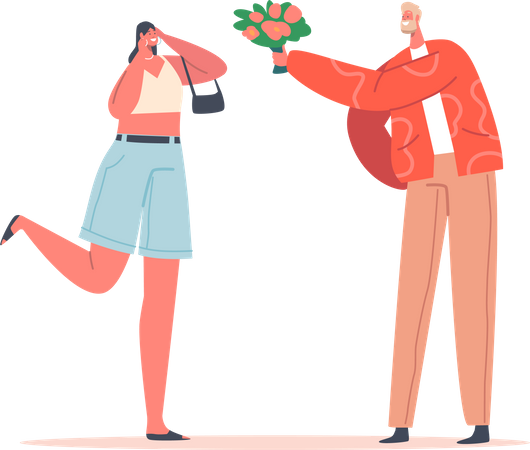 Cute Embarrassed Girl Receive Bouquet of Beautiful Flowers from Boyfriend  Illustration