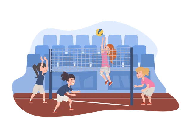 Cute emotional child girls playing volleyball at stadium  Illustration