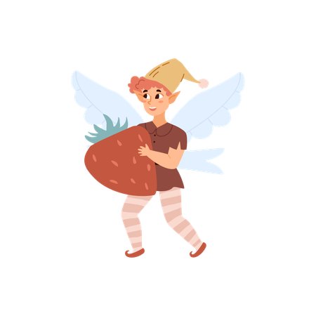 Cute fairy boy flies on wings and holds strawberry  Illustration