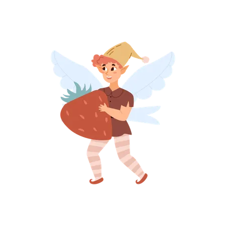 Cute fairy boy flies on wings and holds strawberry  Illustration