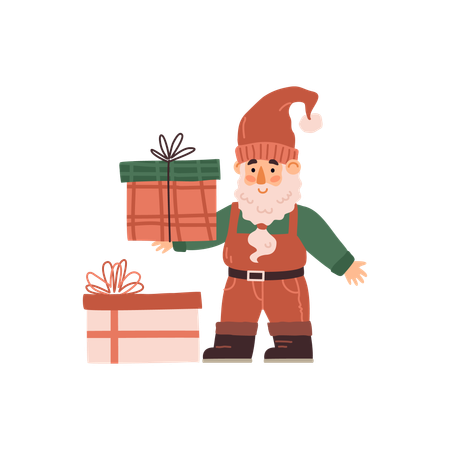 Cute fairy gnome with christmas gifts  Illustration