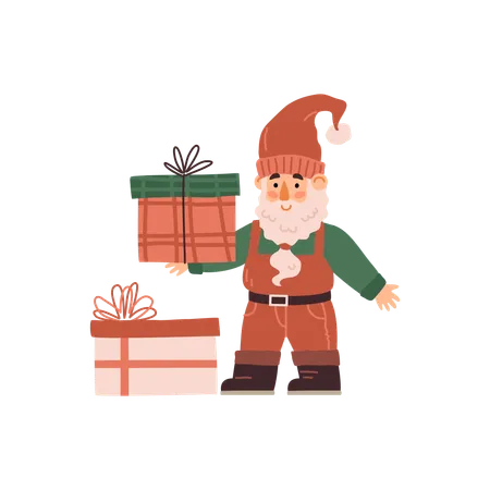 Cute fairy gnome with christmas gifts  Illustration