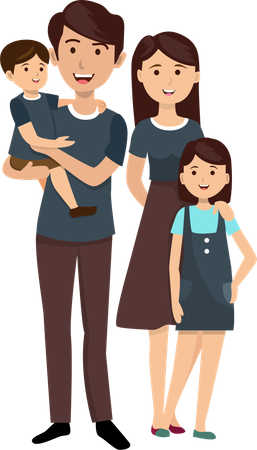 Cute family Father, mother, son and daughter Smiling happily at being together  Illustration