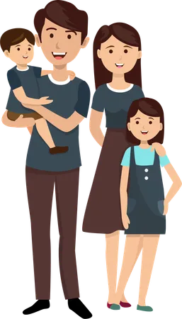 Cute family Father, mother, son and daughter Smiling happily at being together  Illustration