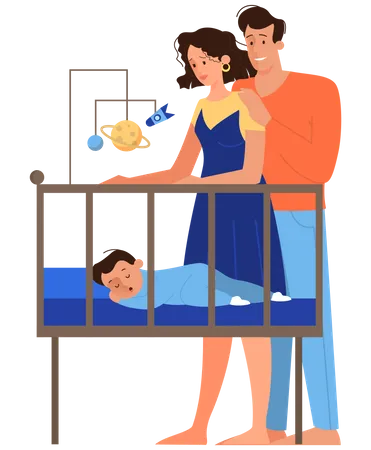 Cute family stand by newborn baby bed  Illustration