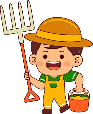 Cute farmer boy with fork  Illustration