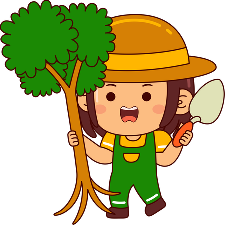 Cute farmer girl planting tree  Illustration