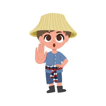 Cute Farmer Raising Hand In Warning Sign  Illustration