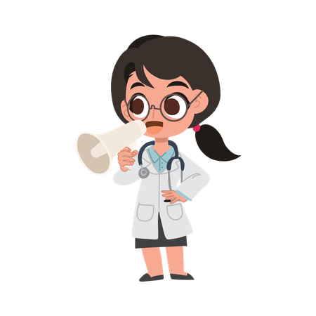 Cute female doctor cartoon with megaphone making announcement in hospital  Illustration