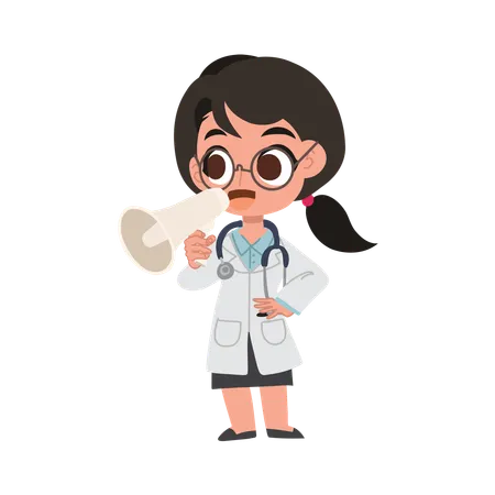 Cute female doctor cartoon with megaphone making announcement in hospital  Illustration